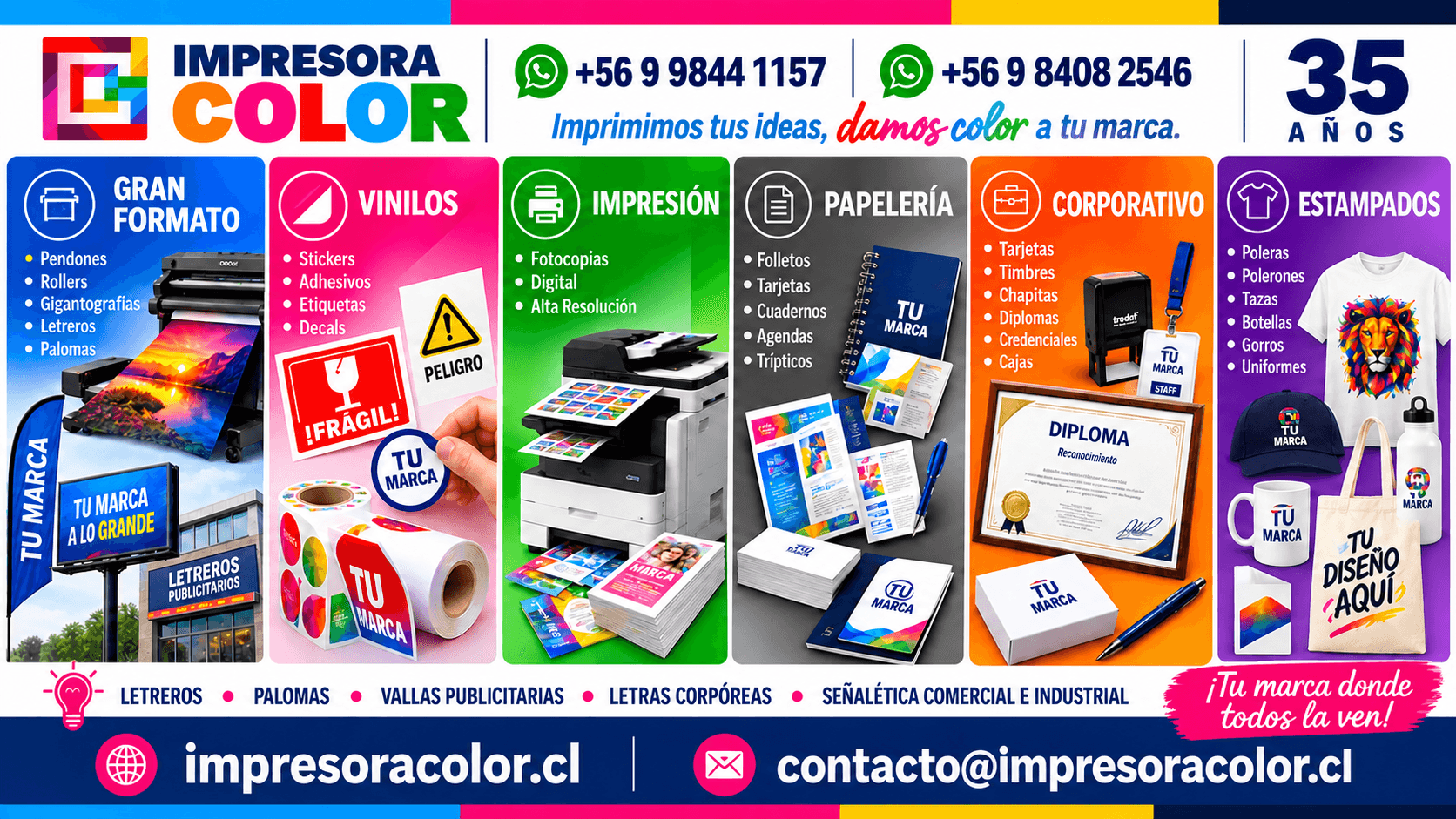 Servicios de Impresora Color Ltda en Chillán: pendones, etiquetas, stickers, flyers, tarjetas, credenciales y más